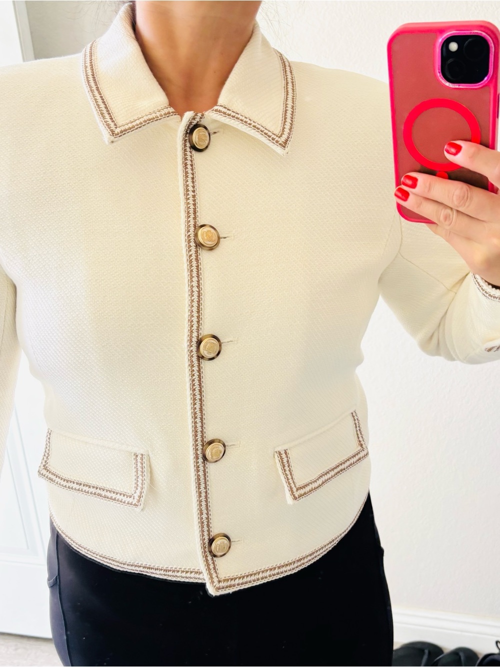 Veronica Beard Cream Cropped Tweed Jacket with Brown Trim (NWT) - Picture 2 of 9